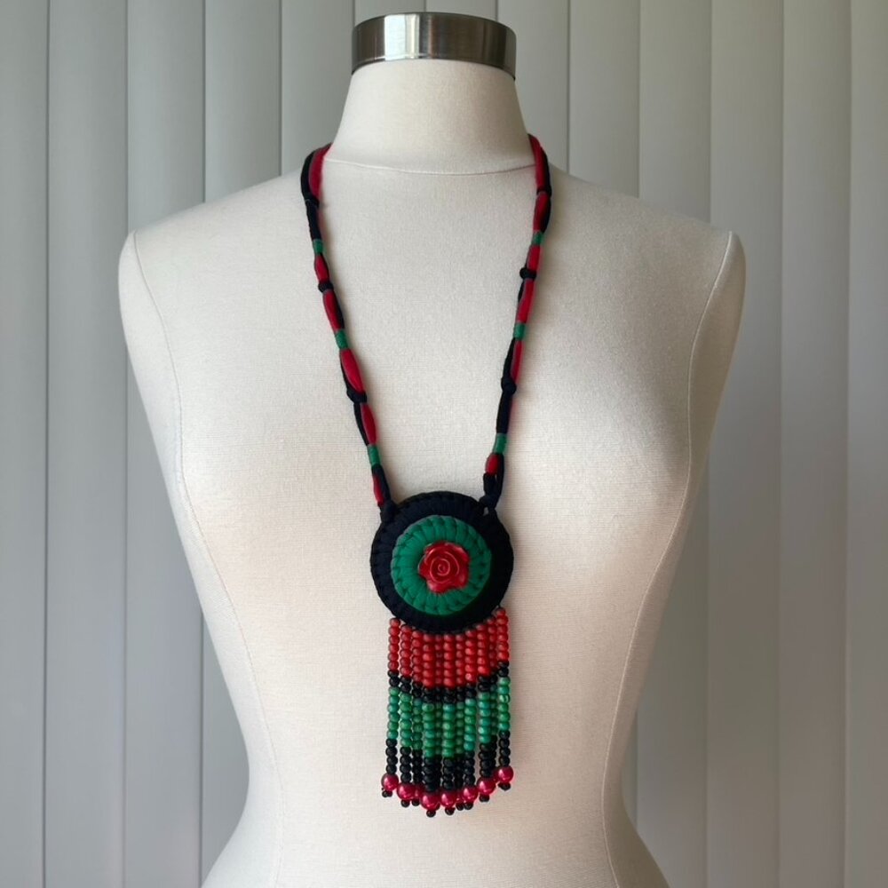 Art Boho Hand Crafted Red Green Tassel Necklace  New without tags. Hand Crafted.